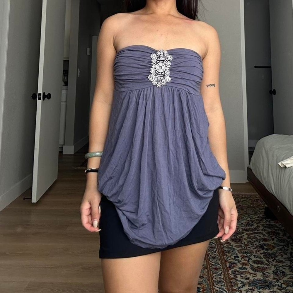 Phanuel Womens Strapless Rhinestone Medallion Ruched Bubble Hem Tube Top Purple